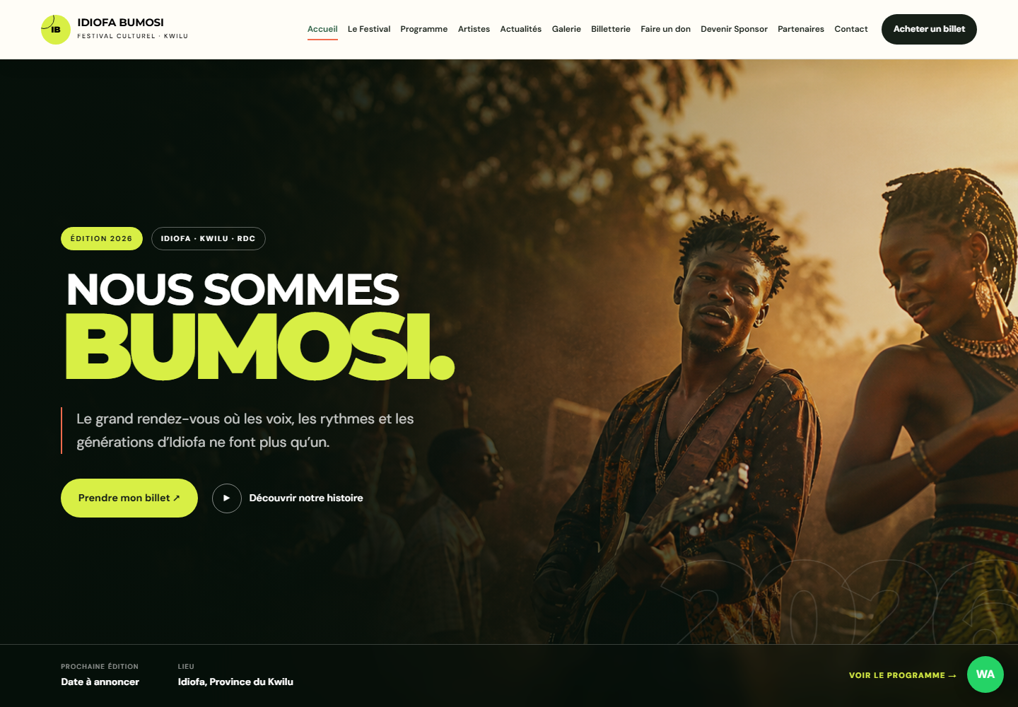 Page d’accueil de la plateforme Festival Idiofa Bumosi